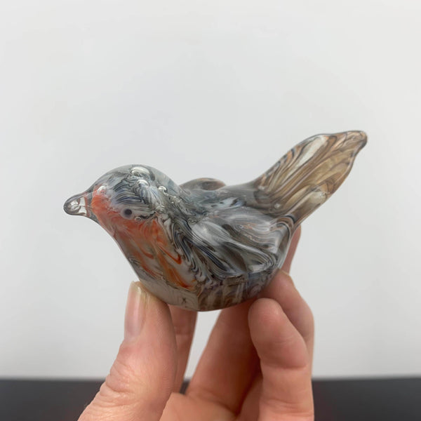 Miniature glass bird ornament in brown and grey