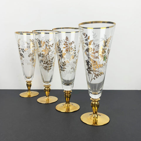 Footed champagne glass with gold & white leaf