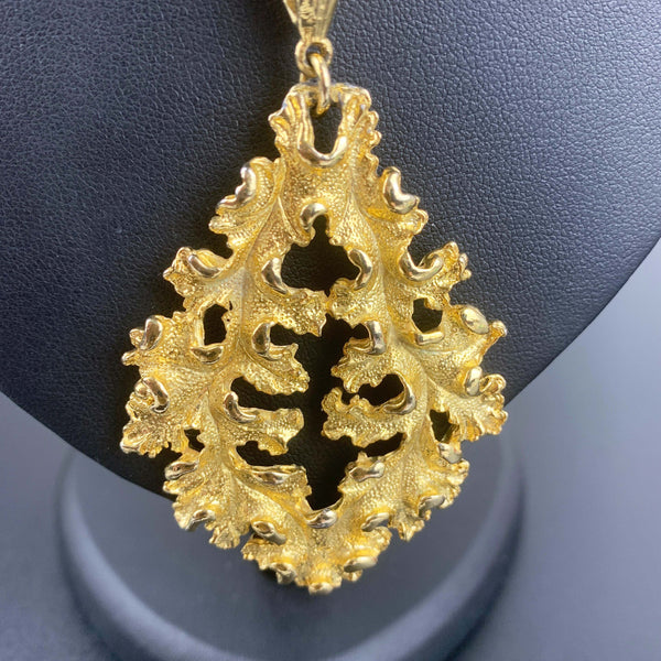 Crown Trifari large gold leaf pendant necklace