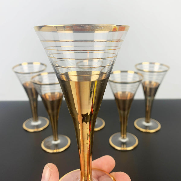 Mid century gold gilt stemmed aperitif glass - Set of 6