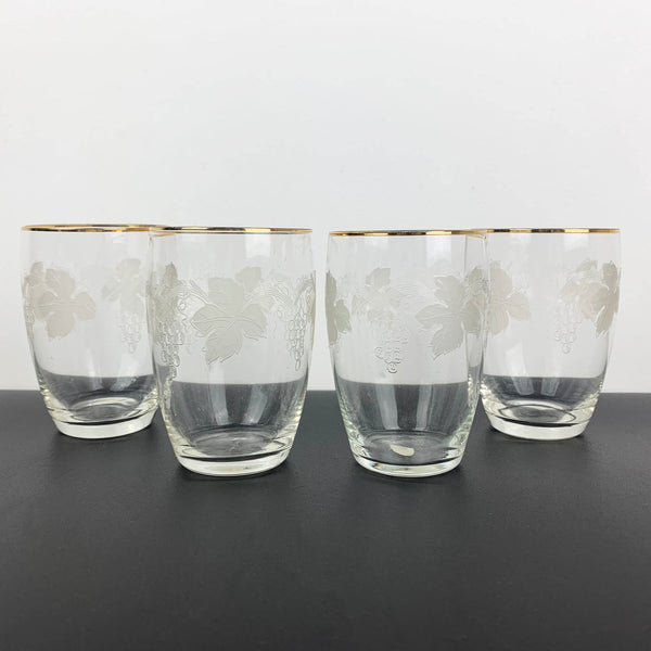 Bohemia grapevine etched mid century glass with gold rim - Set of 4