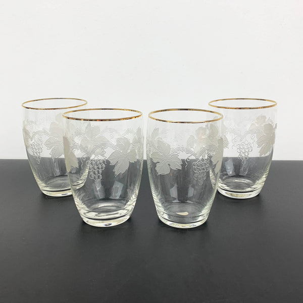 Bohemia grapevine etched mid century glass with gold rim - Set of 4