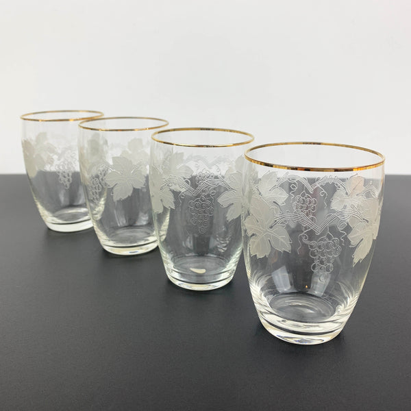 Bohemia grapevine etched mid century glass with gold rim - Set of 4