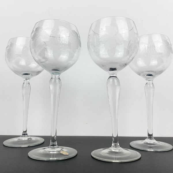 Grapevine etched mid century wine glass - Set of 4