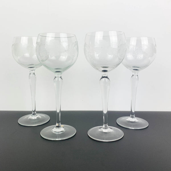 Grapevine etched mid century wine glass - Set of 4