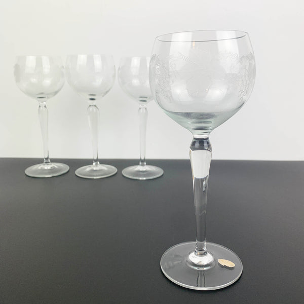 Grapevine etched mid century wine glass - Set of 4