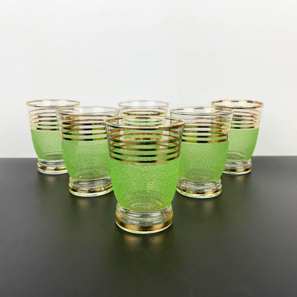 Lime green sugar frosted tumblers with gold gilt stripe detail - Set of 6