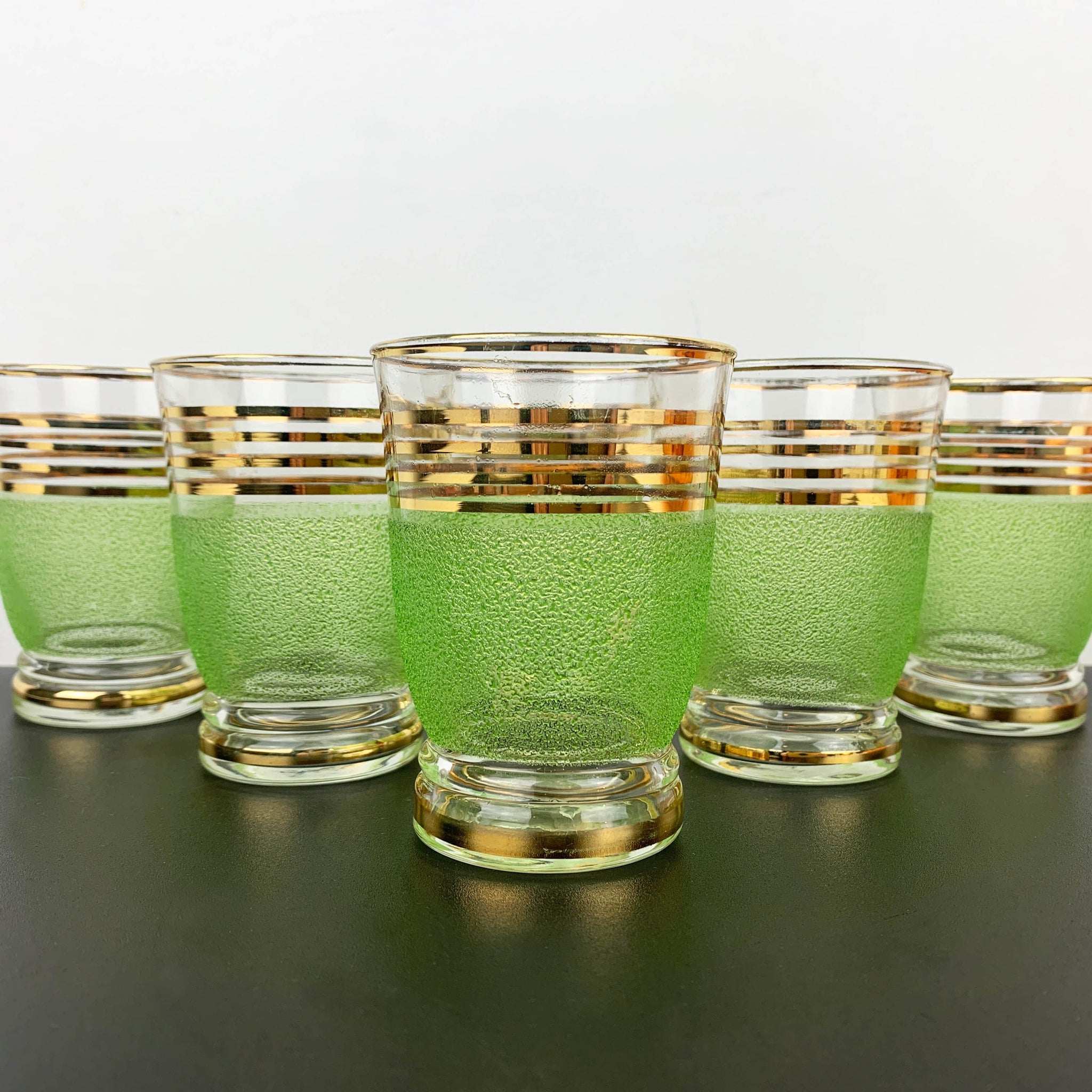 Lime green sugar frosted tumblers with gold gilt stripe detail - Set of 6