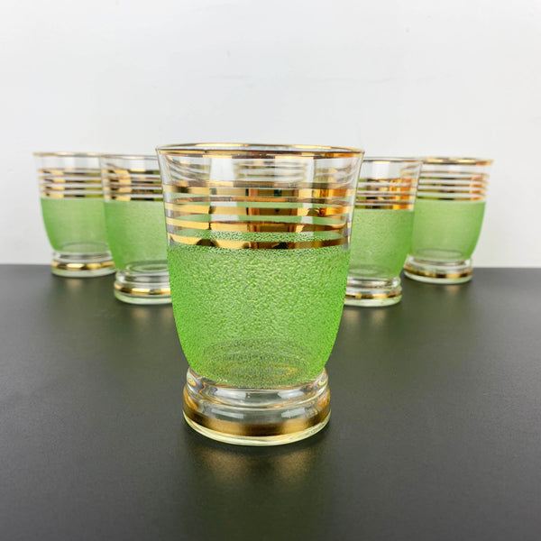 Lime green sugar frosted tumblers with gold gilt stripe detail - Set of 6