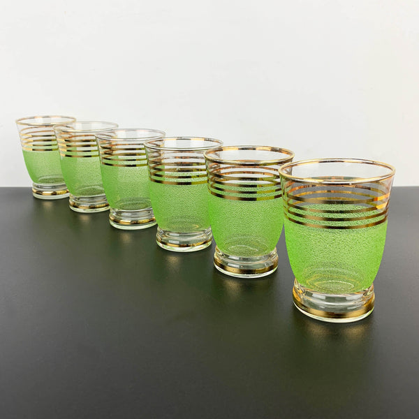 Lime green sugar frosted tumblers with gold gilt stripe detail - Set of 6