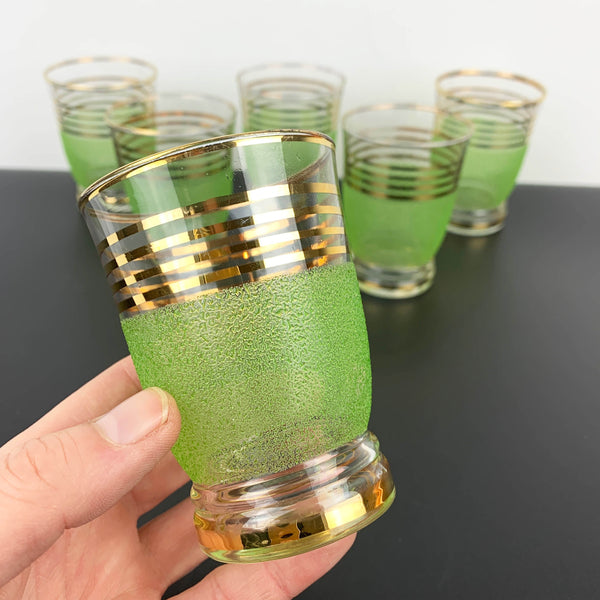 Lime green sugar frosted tumblers with gold gilt stripe detail - Set of 6