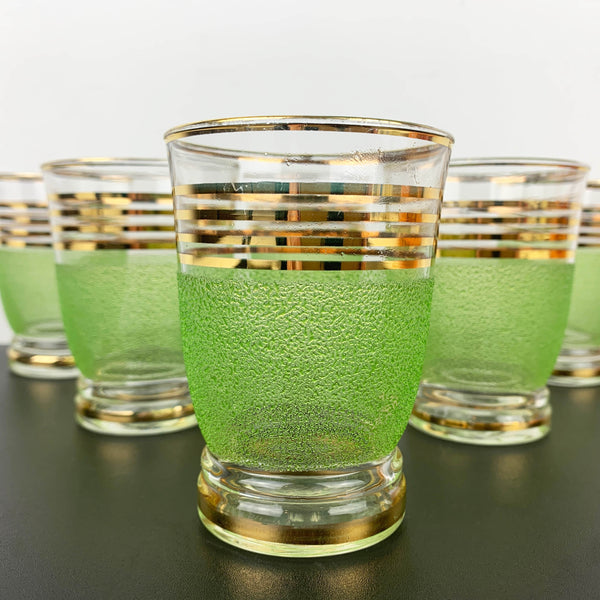 Lime green sugar frosted tumblers with gold gilt stripe detail - Set of 6