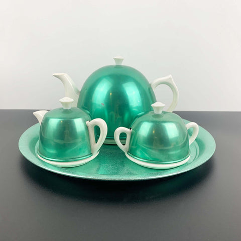 1950's retro tea set with anodised covers in peppermint green