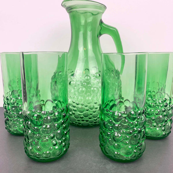 Unique green glass hobnail drinkware set