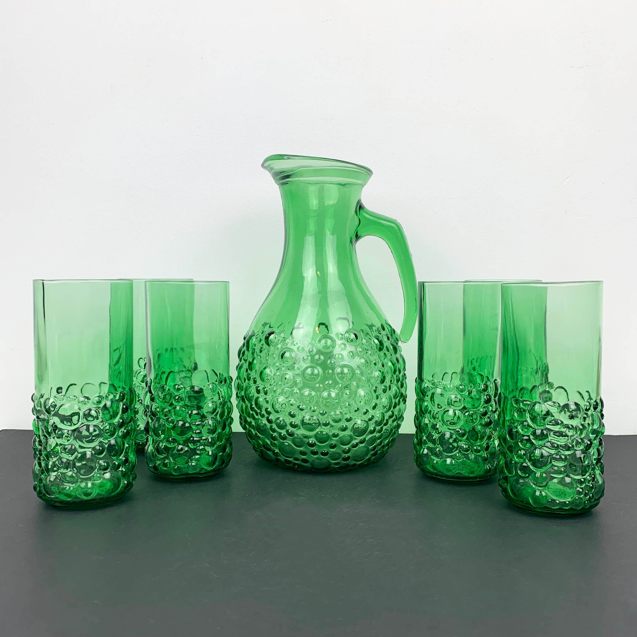 Unique Italian green glass hobnail drinkware set