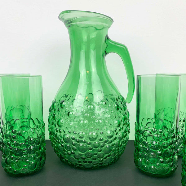 Unique green glass hobnail drinkware set