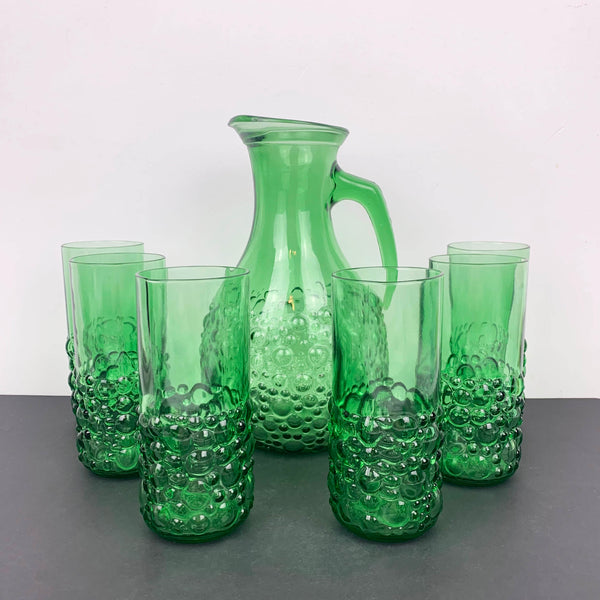 Unique green glass hobnail drinkware set