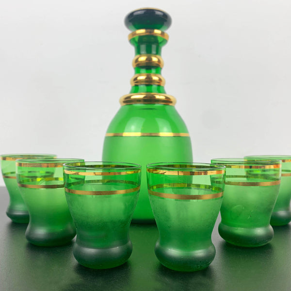 Bohemian Emerald Green and Gold Decanter Set