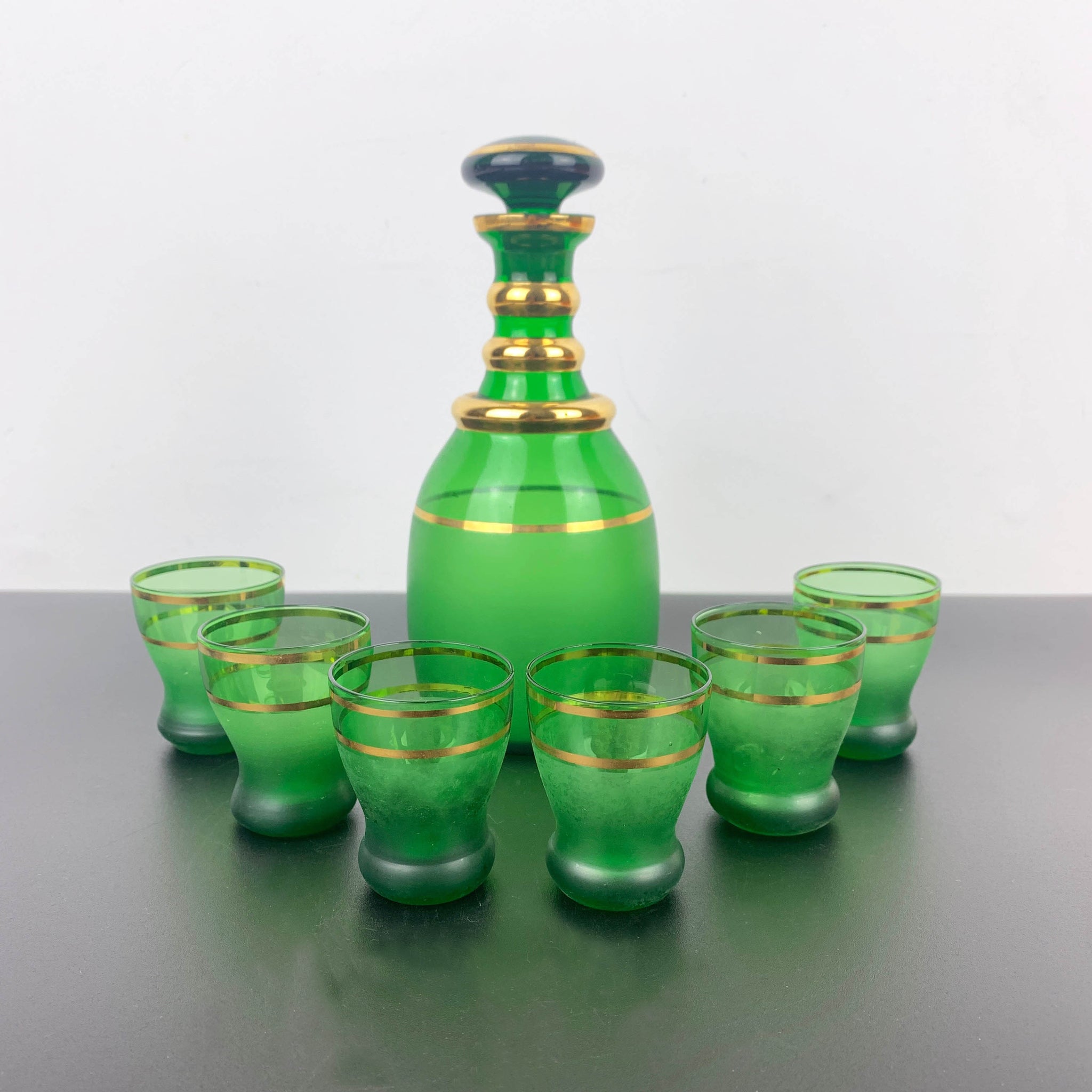 Bohemian Emerald Green and Gold Decanter Set