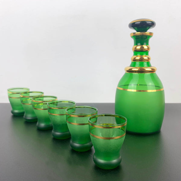 Bohemian Emerald Green and Gold Decanter Set