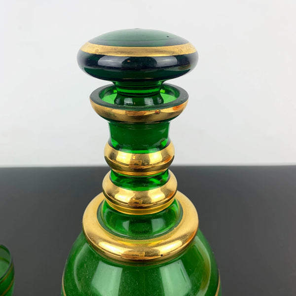 Bohemian Emerald Green and Gold Decanter Set