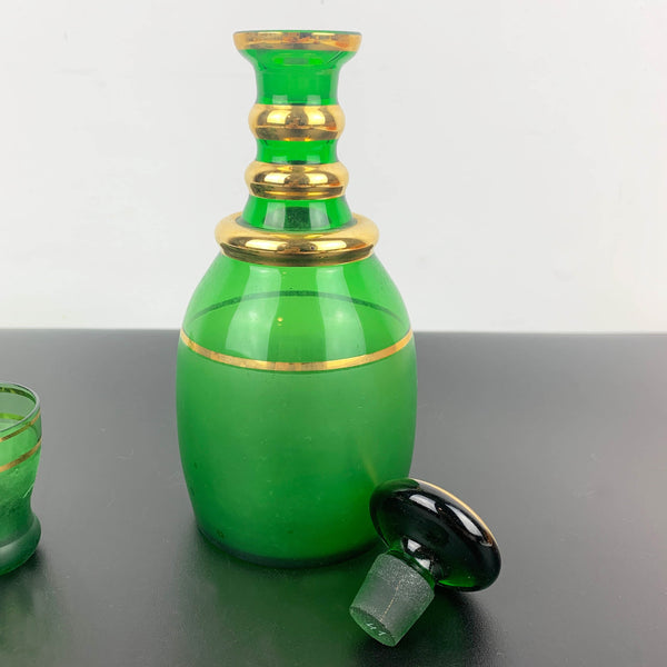 Bohemian Emerald Green and Gold Decanter Set