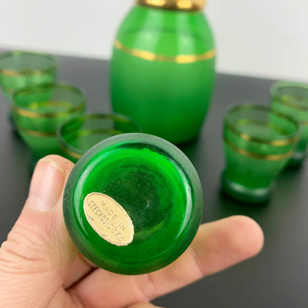 Bohemian Emerald Green and Gold Decanter Set