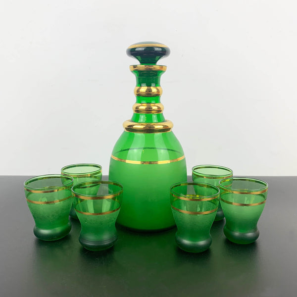 Bohemian Emerald Green and Gold Decanter Set