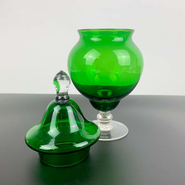 Emerald green Empoli lidded glass candy jar