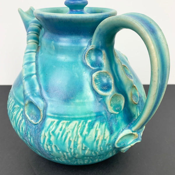 Gympie Pottery aqua blue tea pot thumprint detail in clay