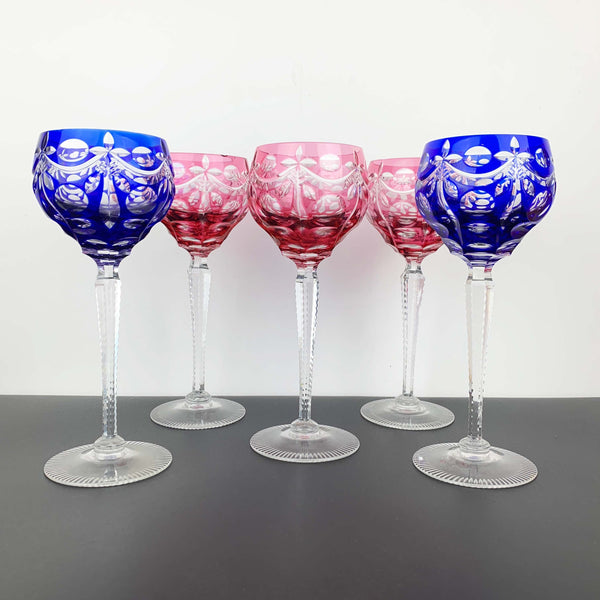 Coloured cut to clear crystal wine hock glass - Set of 5