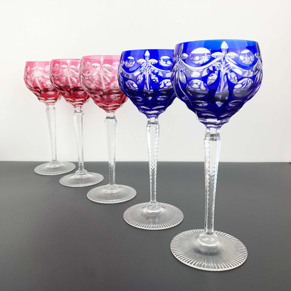 Coloured cut to clear crystal wine hock glass - Set of 5