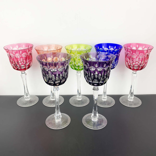 Coloured harlequin cut to clear crystal wine glass - Set of 7