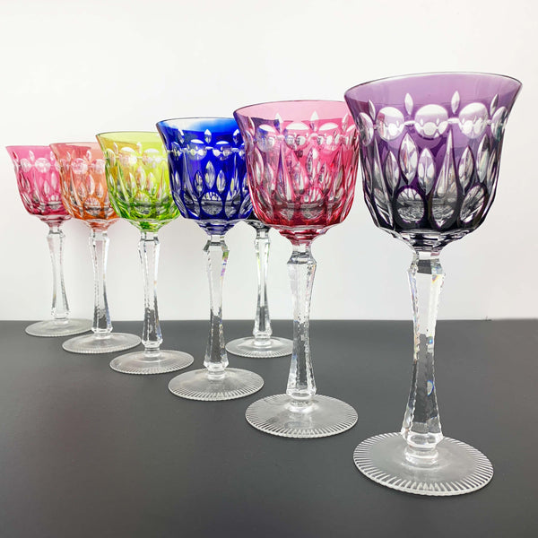 Coloured harlequin cut to clear crystal wine glass - Set of 7