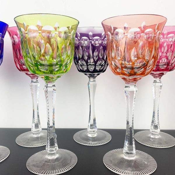 Coloured harlequin cut to clear crystal wine glass - Set of 7