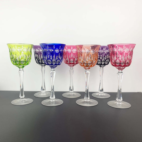 Coloured harlequin cut to clear crystal wine glass - Set of 7