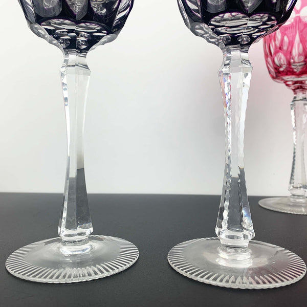 Coloured harlequin cut to clear crystal wine glass - Set of 7