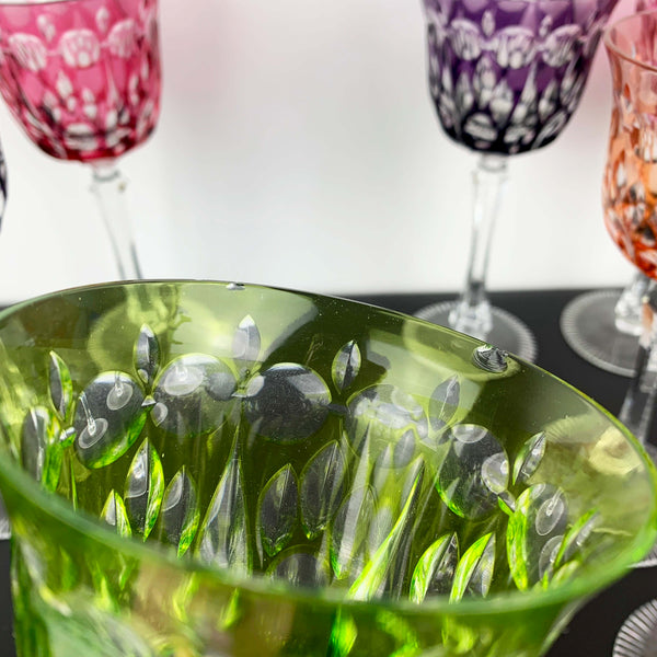 Coloured harlequin cut to clear crystal wine glass - Set of 7