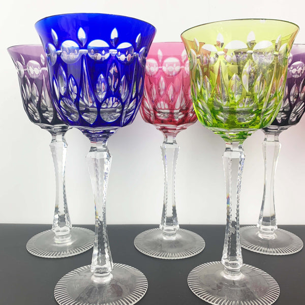 Coloured harlequin cut to clear crystal wine glass - Set of 7