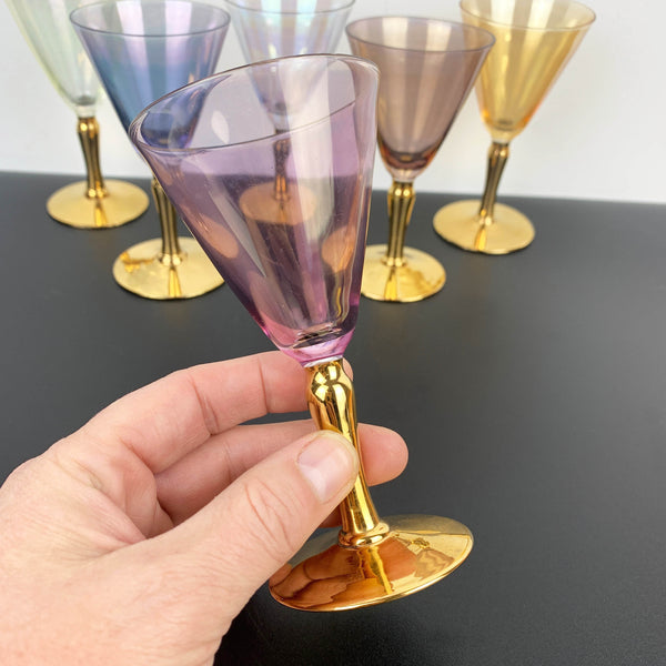 Harlequin iridescent gold stemmed aperitif glass - Set of 6