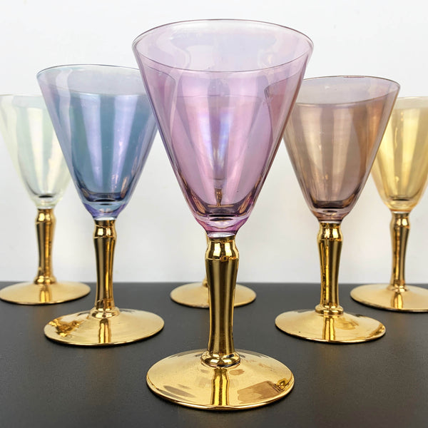 Harlequin iridescent gold stemmed aperitif glass - Set of 6