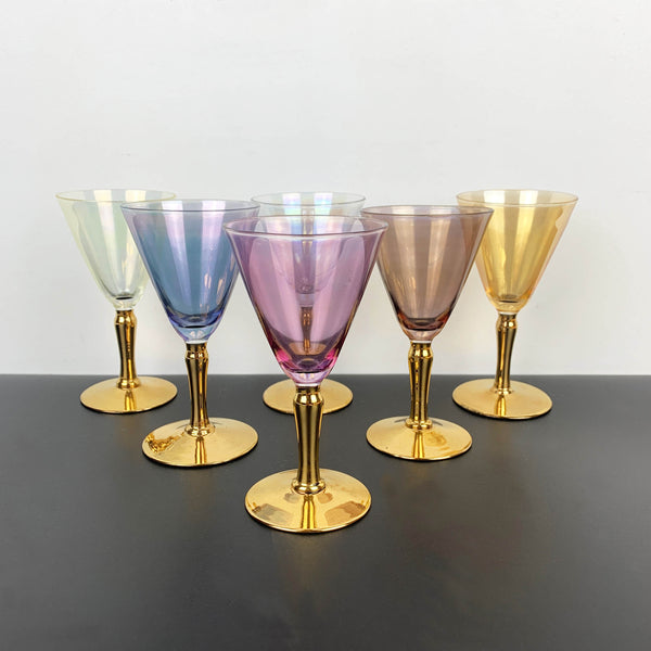 Harlequin iridescent gold stemmed aperitif glass - Set of 6