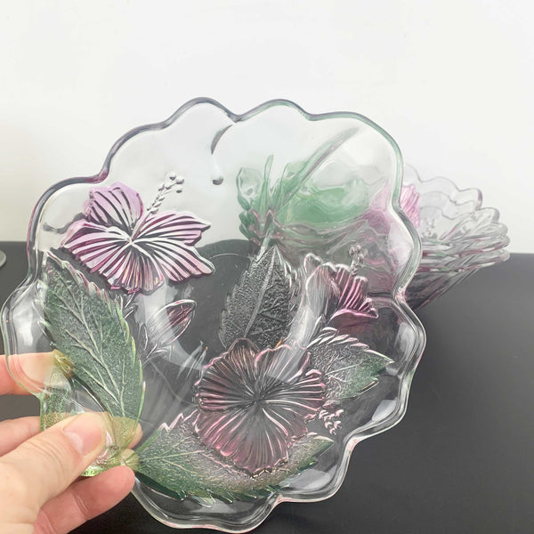 Tinted glass tropical hibiscus bowls - Set of 4