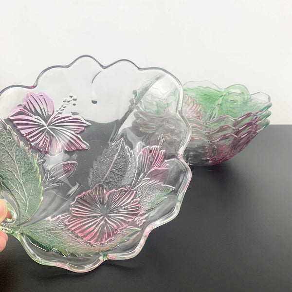 Tinted glass tropical hibiscus bowls - Set of 4