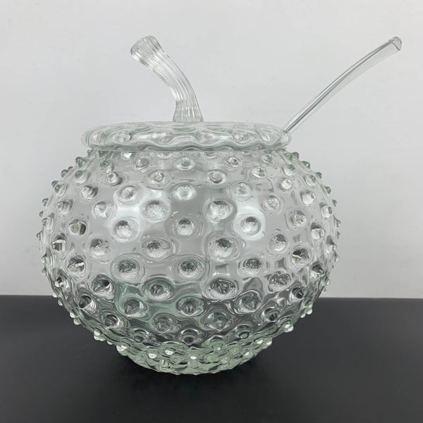 Hobnail lidded punch bowl with handblown glass ladle