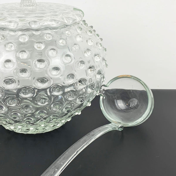 Hobnail lidded punch bowl with handblown glass ladle