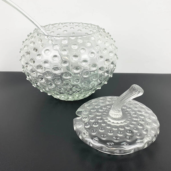 Hobnail lidded punch bowl with handblown glass ladle