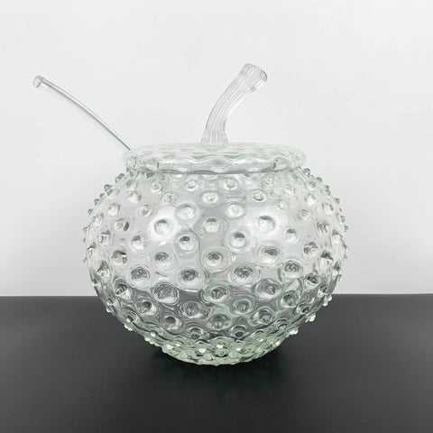 Hobnail lidded punch bowl with handblown glass ladle