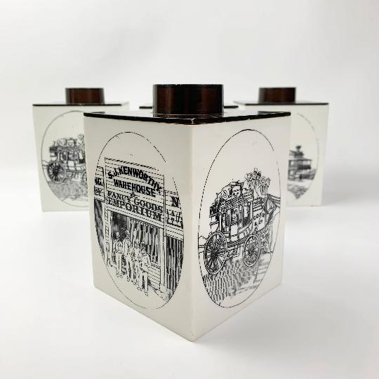 Hostess Hella Ware kitchen canisters with country scenes