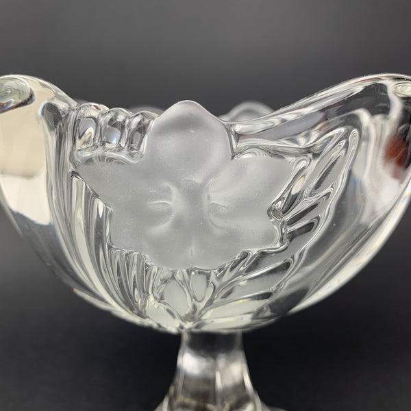 Frosted floral detail on small glass compote